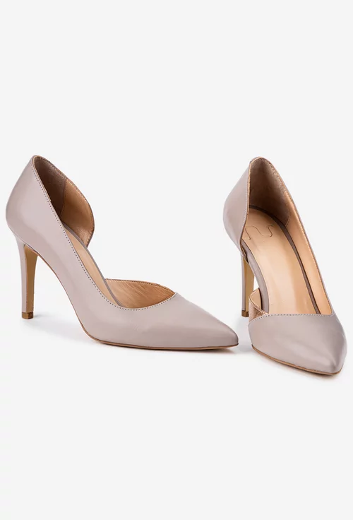 Pantofi dama NUR taupe cu auriu din piele naturala cu toc subtire
