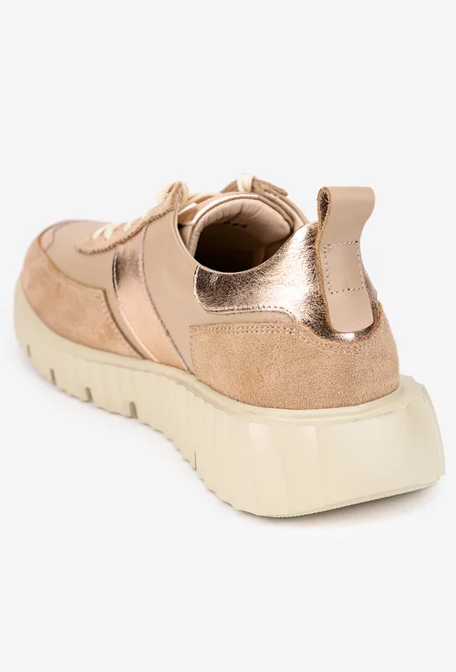 Pantofi dama NUR taupe din piele cu detalii aurii-roze