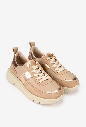 Pantofi dama NUR taupe din piele cu detalii aurii-roze