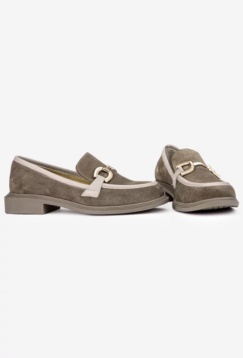 Pantofi dama NUR taupe din piele intoarsa cu ornament