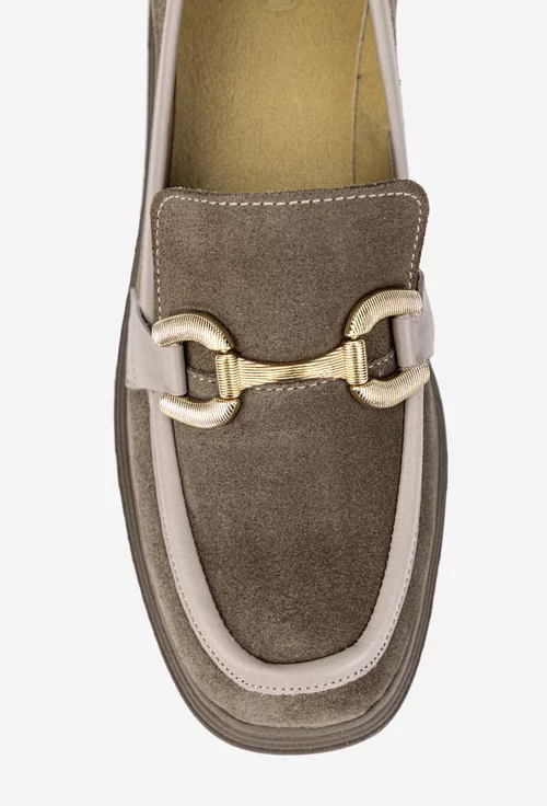 Pantofi dama NUR taupe din piele intoarsa cu ornament