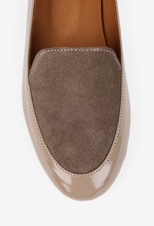 Pantofi dama NUR taupe din piele lacuita cu insertii piele intoarsa