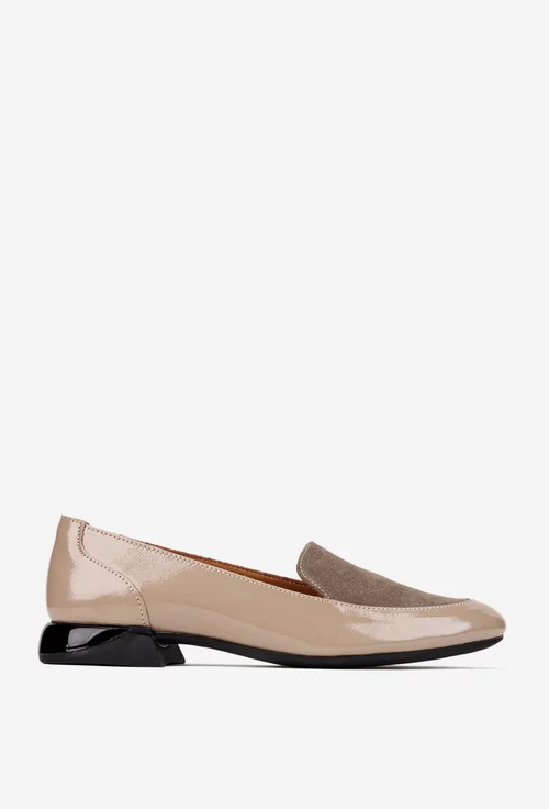 Pantofi dama NUR taupe din piele lacuita cu insertii piele intoarsa