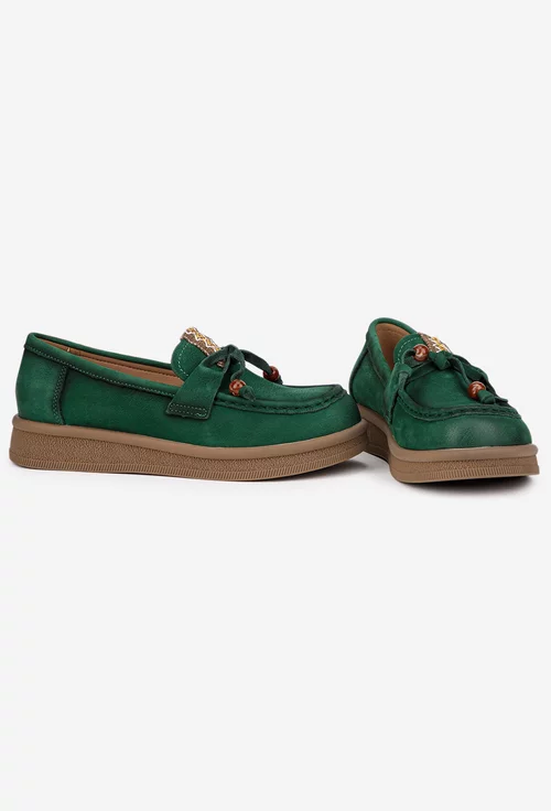 Pantofi dama NUR verzi din piele nabuc cu ornament