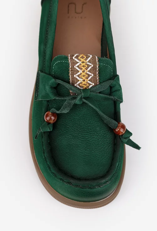 Pantofi dama NUR verzi din piele nabuc cu ornament