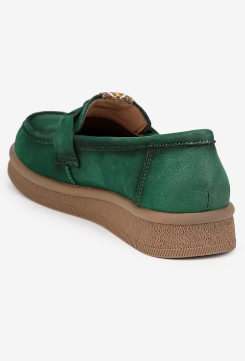 Pantofi dama NUR verzi din piele nabuc cu ornament