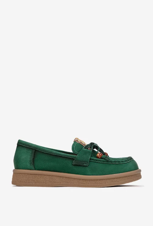 Pantofi dama NUR verzi din piele nabuc cu ornament