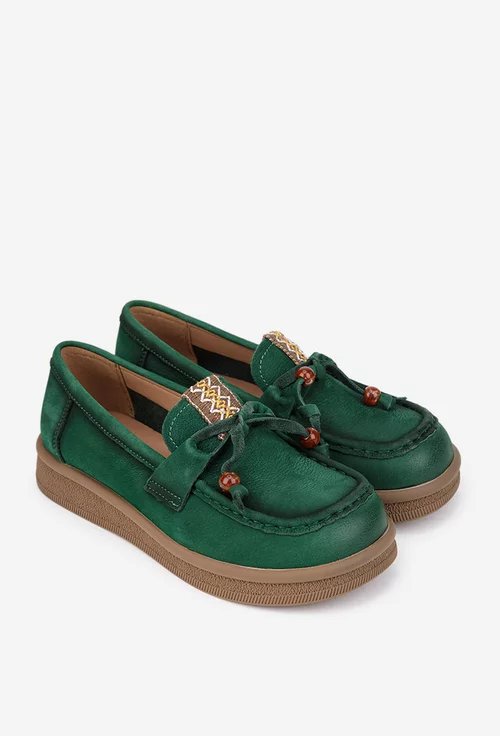 Pantofi dama NUR verzi din piele nabuc cu ornament