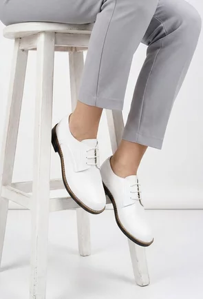 Pantofi dama Oxford albi din piele naturala