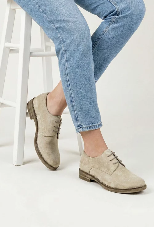 Pantofi dama Oxford bej din piele intoarsa