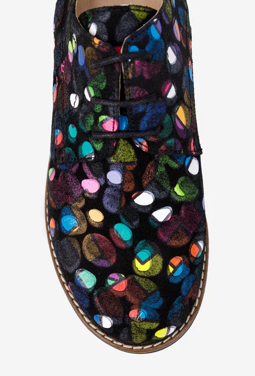 Pantofi dama Oxford din piele intoarsa negri cu detalii colorate