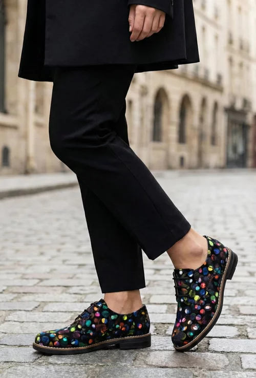 Pantofi dama Oxford din piele intoarsa negri cu detalii colorate