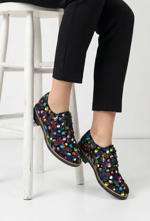 Pantofi dama Oxford din piele intoarsa negri cu detalii colorate