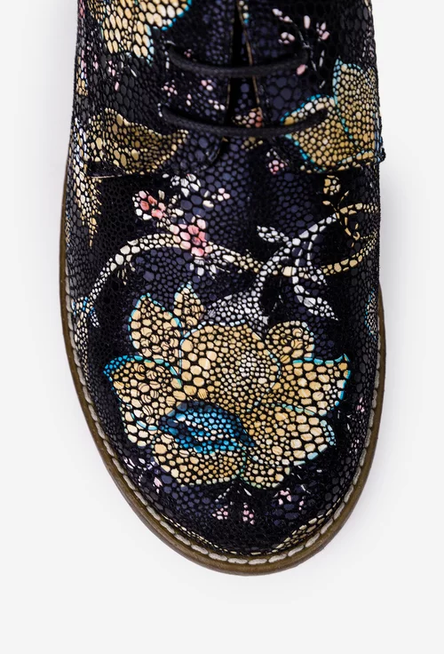 Pantofi dama Oxford negri din piele cu model floral multicolor