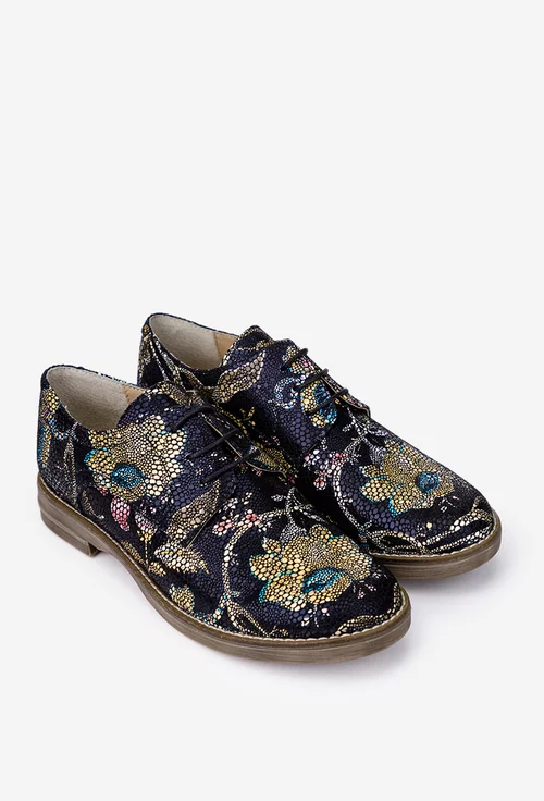 Pantofi dama Oxford negri din piele cu model floral multicolor