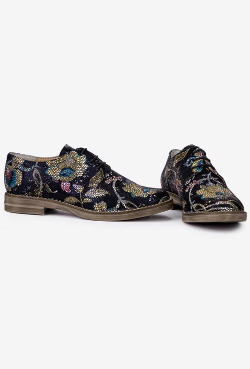 Pantofi dama Oxford negri din piele cu model floral multicolor