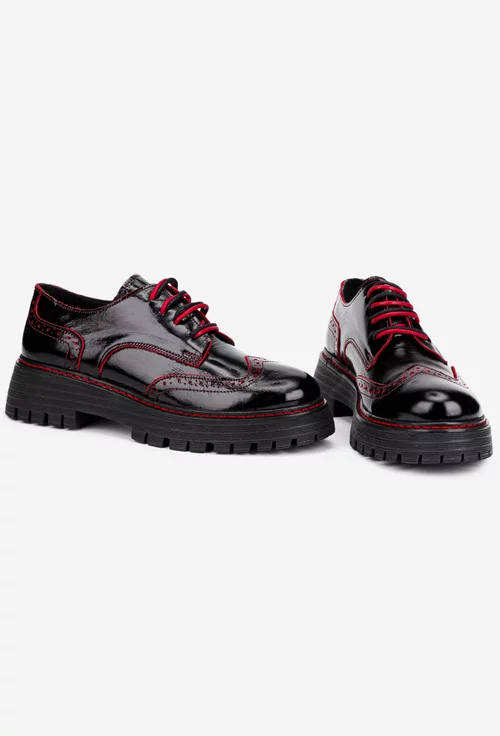 Pantofi dama Oxford negri din piele lacuita cu detalii rosii