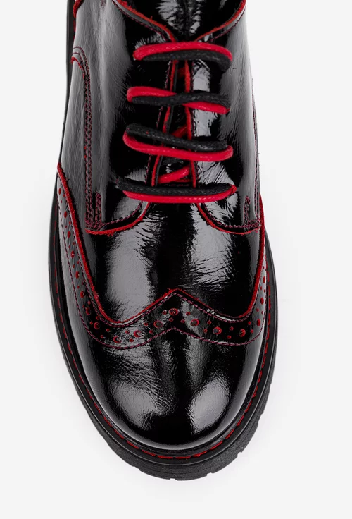 Pantofi dama Oxford negri din piele lacuita cu detalii rosii