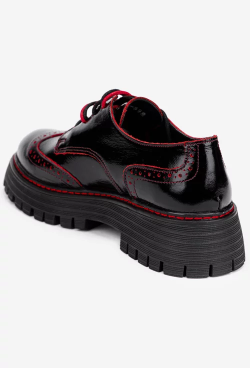 Pantofi dama Oxford negri din piele lacuita cu detalii rosii