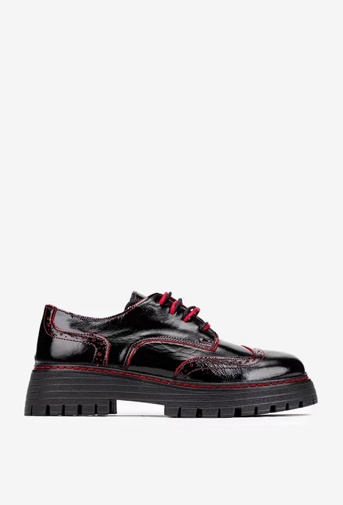 Pantofi dama Oxford negri din piele lacuita cu detalii rosii