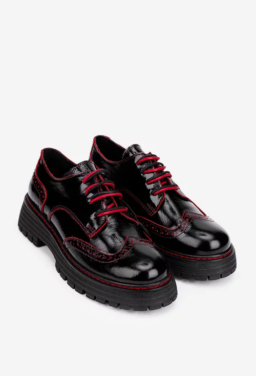 Pantofi dama Oxford negri din piele lacuita cu detalii rosii