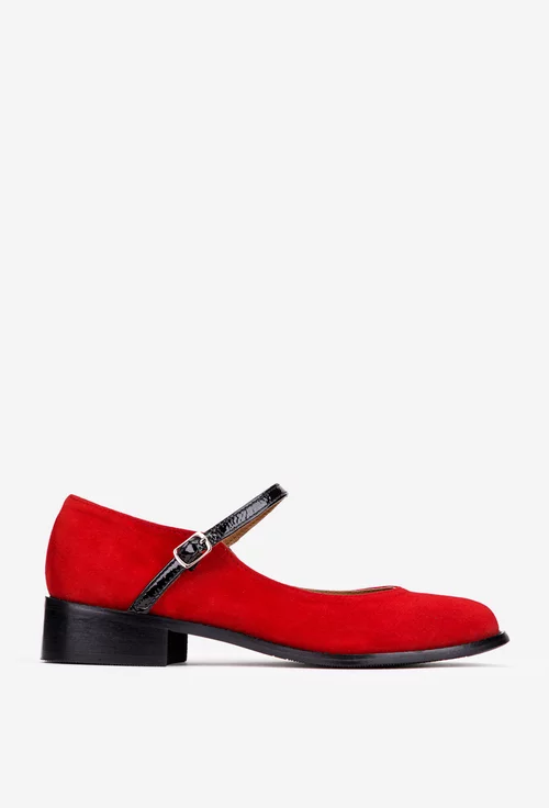 Pantofi dama rosii din piele intoarsa cu bareta si toc mic