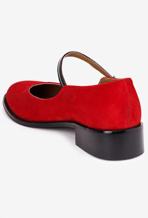 Pantofi dama rosii din piele intoarsa cu bareta si toc mic