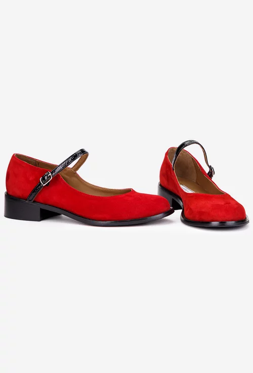 Pantofi dama rosii din piele intoarsa cu bareta si toc mic