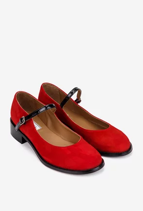 Pantofi dama rosii din piele intoarsa cu bareta si toc mic