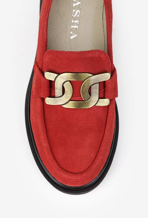 Pantofi dama rosii din piele intoarsa cu ornament