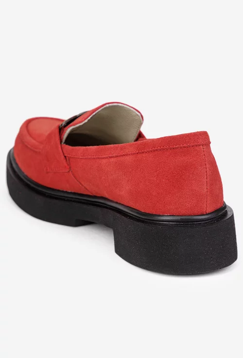 Pantofi dama rosii din piele intoarsa cu ornament