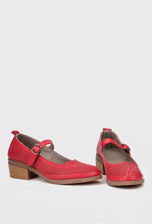 Pantofi dama rosii din piele naturala perforata