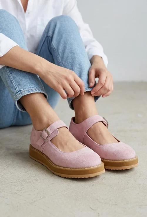 Pantofi dama roz din piele intoarsa