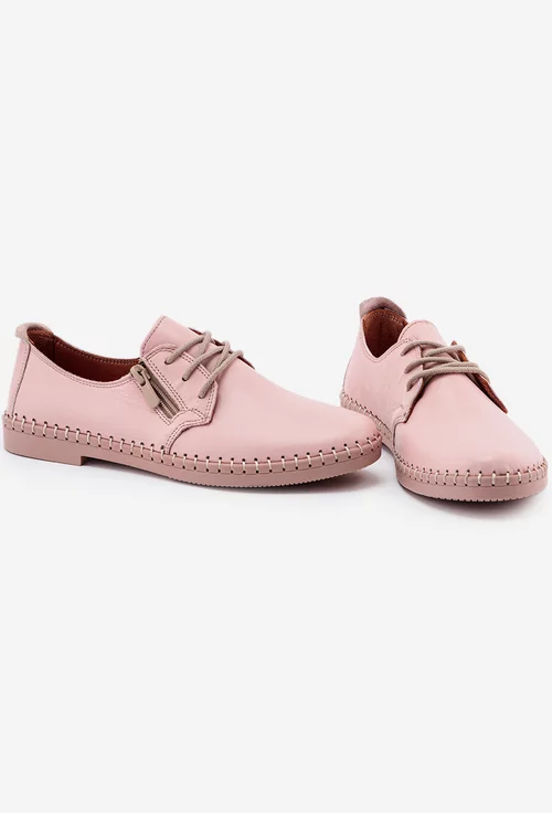 Pantofi dama roz din piele naturala cu siret si fermoar