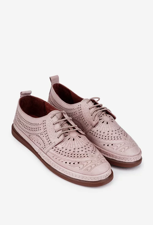 Pantofi dama roz pudra din piele cu siret elastic si model