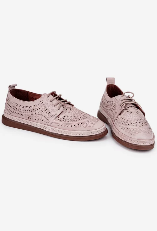 Pantofi dama roz pudra din piele cu siret elastic si model