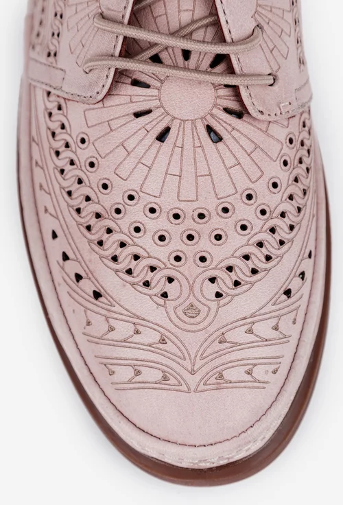 Pantofi dama roz pudra din piele cu siret elastic si model