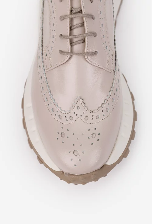 Pantofi dama roz pudra din piele naturala cu aspect perforat