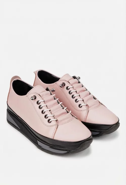 Pantofi dama roz pudra din piele naturala cu siret elastic