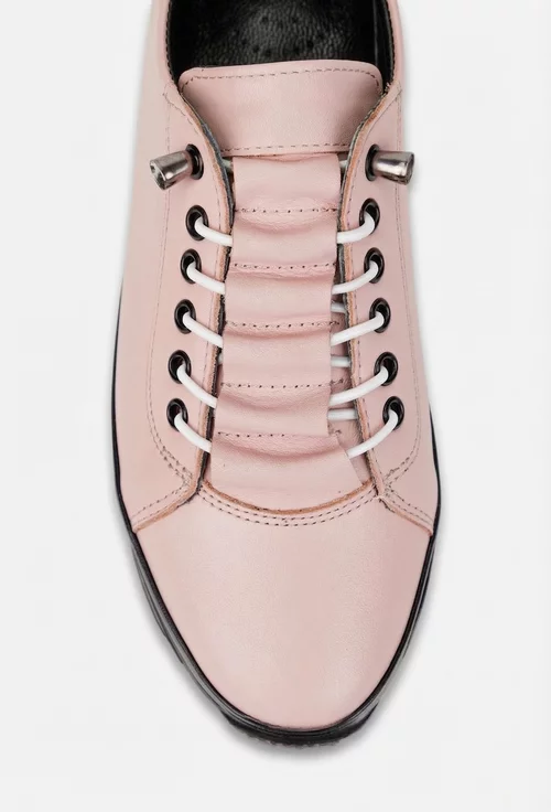 Pantofi dama roz pudra din piele naturala cu siret elastic