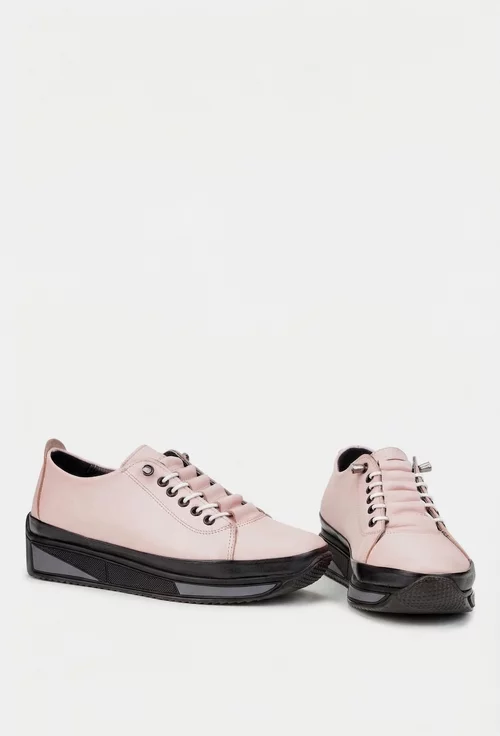 Pantofi dama roz pudra din piele naturala cu siret elastic