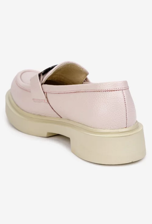Pantofi dama roz pudra din piele texturata cu ornament