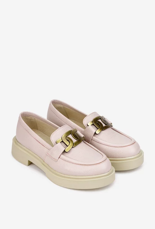 Pantofi dama roz pudra din piele texturata cu ornament