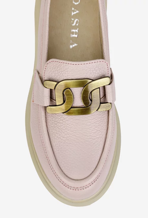 Pantofi dama roz pudra din piele texturata cu ornament