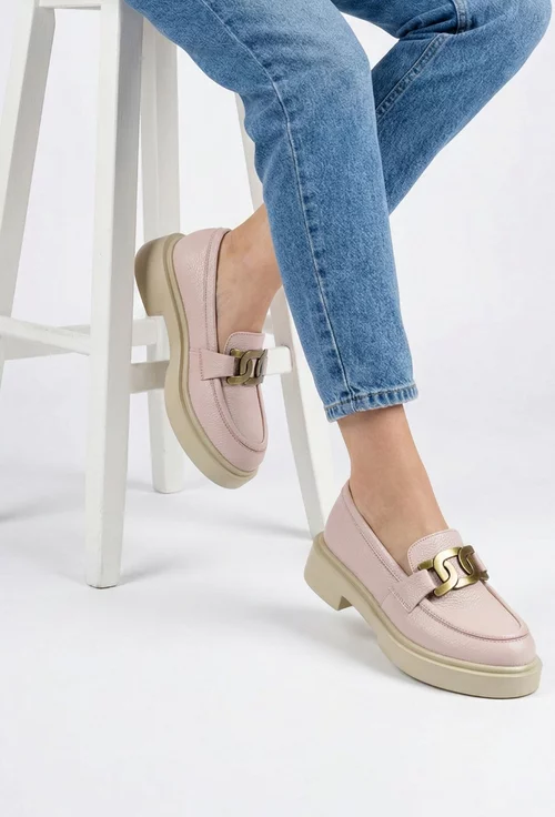Pantofi dama roz pudra din piele texturata cu ornament
