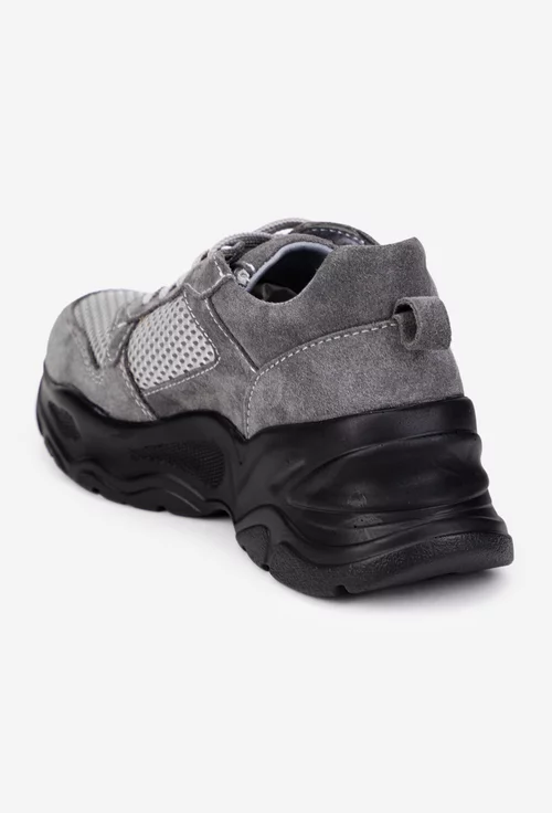 Pantofi dama sport gri din piele intoarsa cu inchidere siret