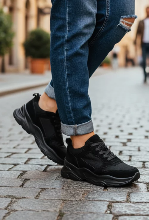 Pantofi dama sport negri din piele intoarsa cu inchidere siret