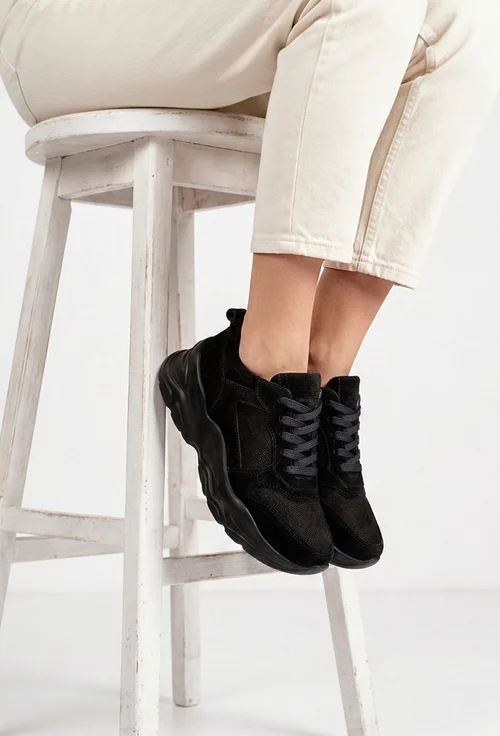 Pantofi dama sport negri din piele intoarsa cu inchidere siret