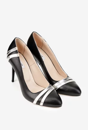 Pantofi dama stiletto negri cu argintiu din piele