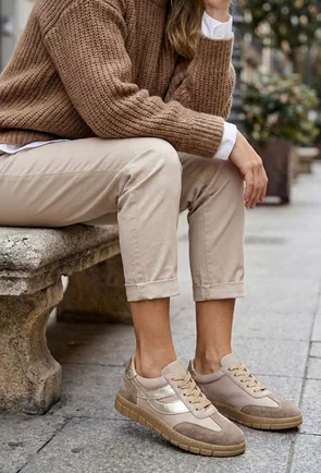 Pantofi dama taupe cu auriu din piele
